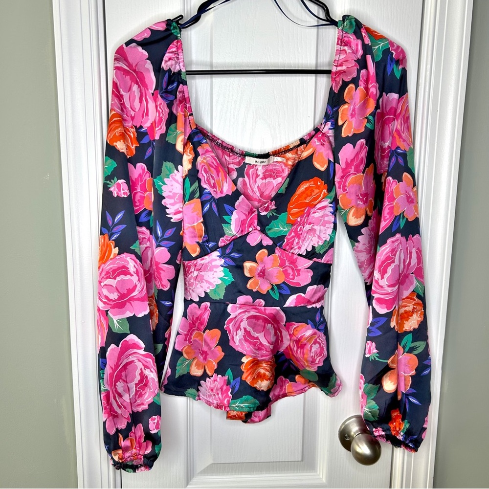 Francesca'’s Bold Vibrant Floral Corset-Style Blouse Puff Long Sleeve New Small